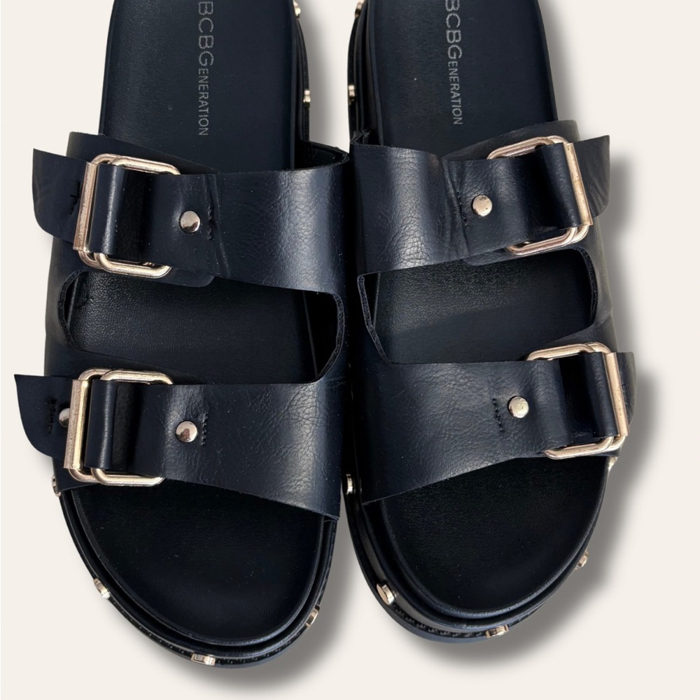 BCBGeneration Black Double-Buckle Slide Platform Sandals with Gold Buckles